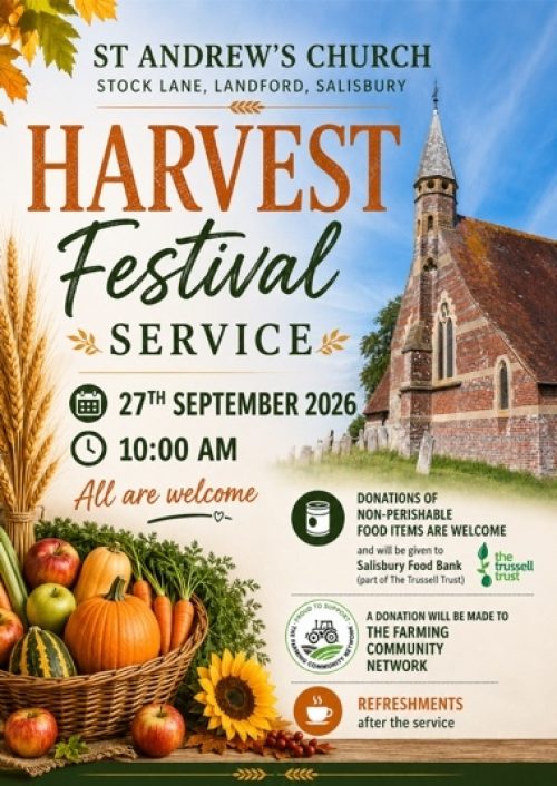 Poster advertising the Harvest Festival Service at St Andrew’s Church, Stock Lane, Landford, Salisbury, on Sunday 27 September 2026 at 10:00am. Everyone is welcome, with refreshments served afterwards. Donations of non-perishable food items are welcomed for Salisbury Food Bank, part of the Trussell Trust. A donation will also be made to the Farming Community Network. The poster features autumnal decorations, including pumpkins, apples, carrots, wheat and sunflowers, alongside a photograph of the church.